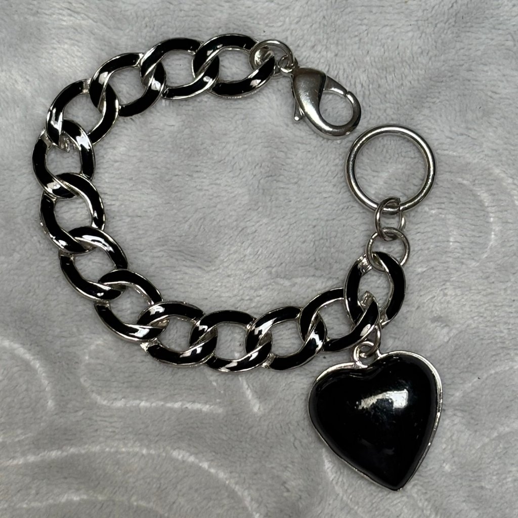 Black And Silver Heart Pendant Dangle From Silver Tone Linked Bracelet